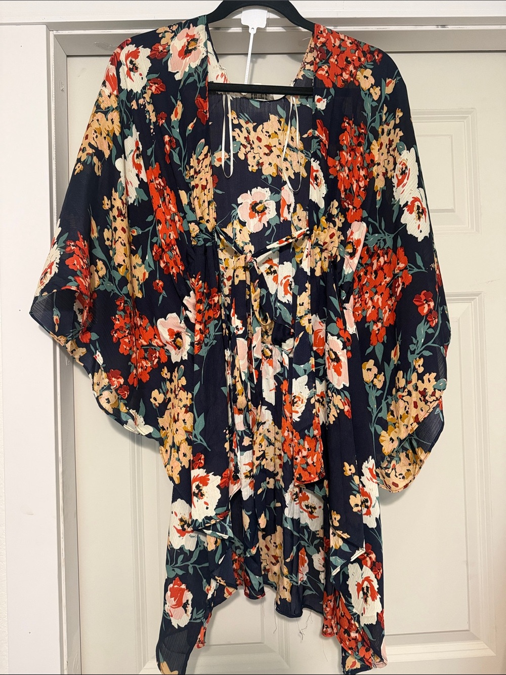Umgee Navy Floral Kimono with Red & Cream Blooms